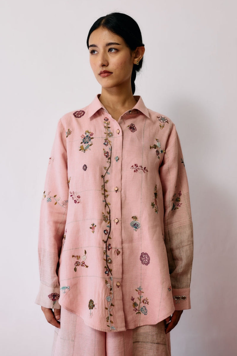 Mansa Floral Hand-Embroidered Shirt-Pink linen top/shirt by Manan in pink for women Worldwide