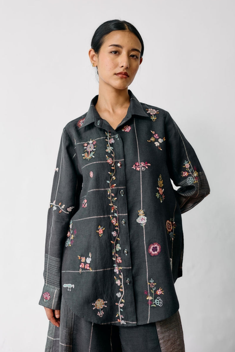 Mansa Floral Hand-Embroidered Shirt-Charcoal linen top/shirt by Manan in black for women Worldwide