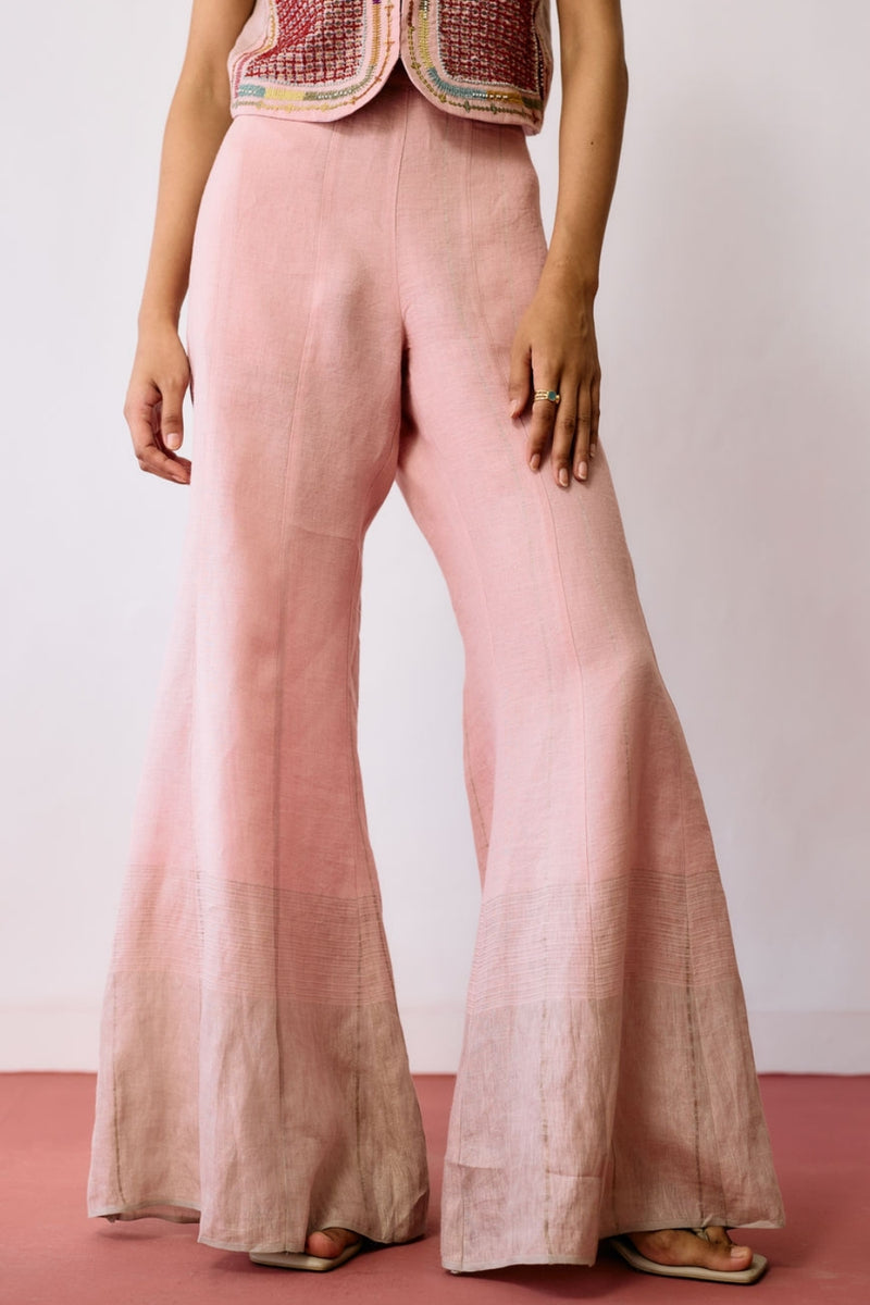 Tala Metallic Linen Sharara Pants-Pink linen pant/trousers by Manan in pink for women Worldwide