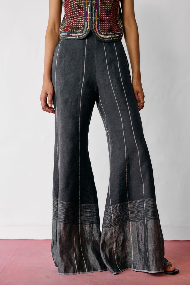 Tala Metallic Linen Sharara Pants-Charcoal linen pant/trousers by Manan in black for women Worldwide