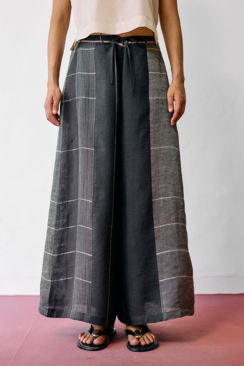 Sera Wide-Leg Metallic Linen Pants-Charcoal linen pant/trousers by Manan in black for women Worldwide
