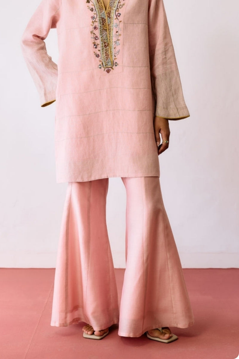 Reva Silk Chanderi Sharara Pants-Pink silk chanderi pant/trousers by Manan in pink for women Worldwide