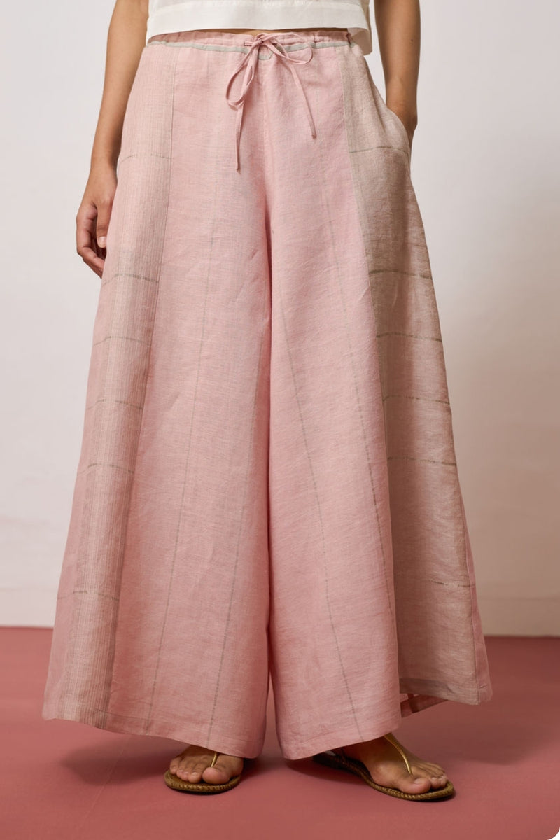 Sera Wide-Leg Metallic Linen Pants-Pink linen pant/trousers by Manan in pink for women Worldwide
