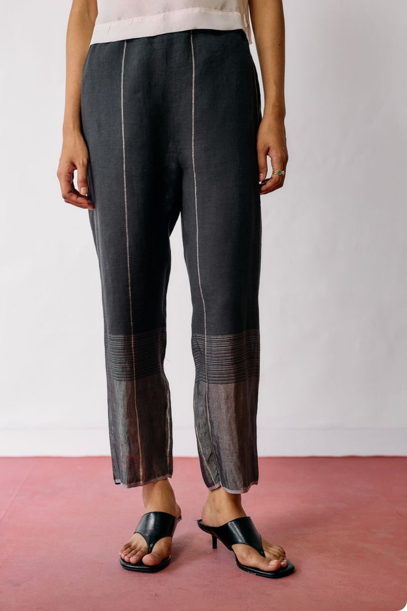 Nila Tapered Metallic Linen Pants-Charcoal linen pant/trousers by Manan in black for women Worldwide