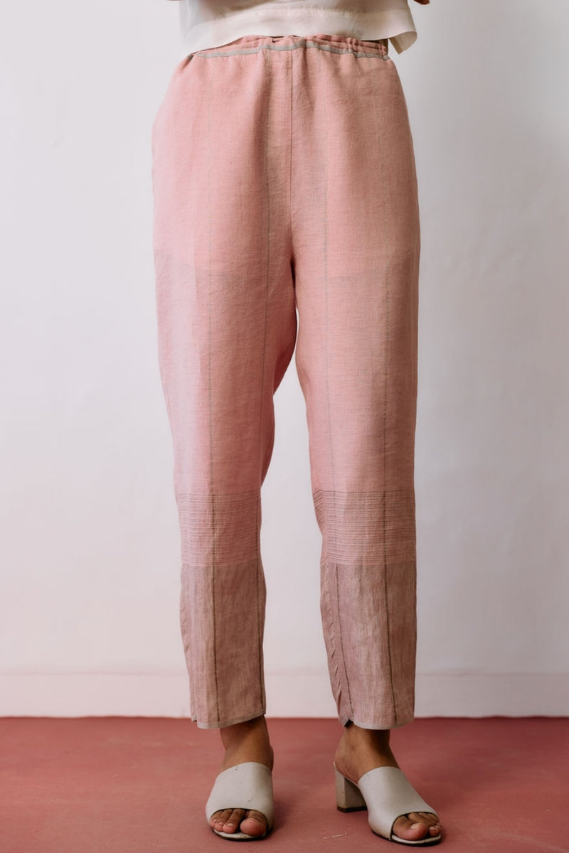 Nila Tapered Metallic Linen Pants-Pink linen pant/trousers by Manan in pink for women Worldwide