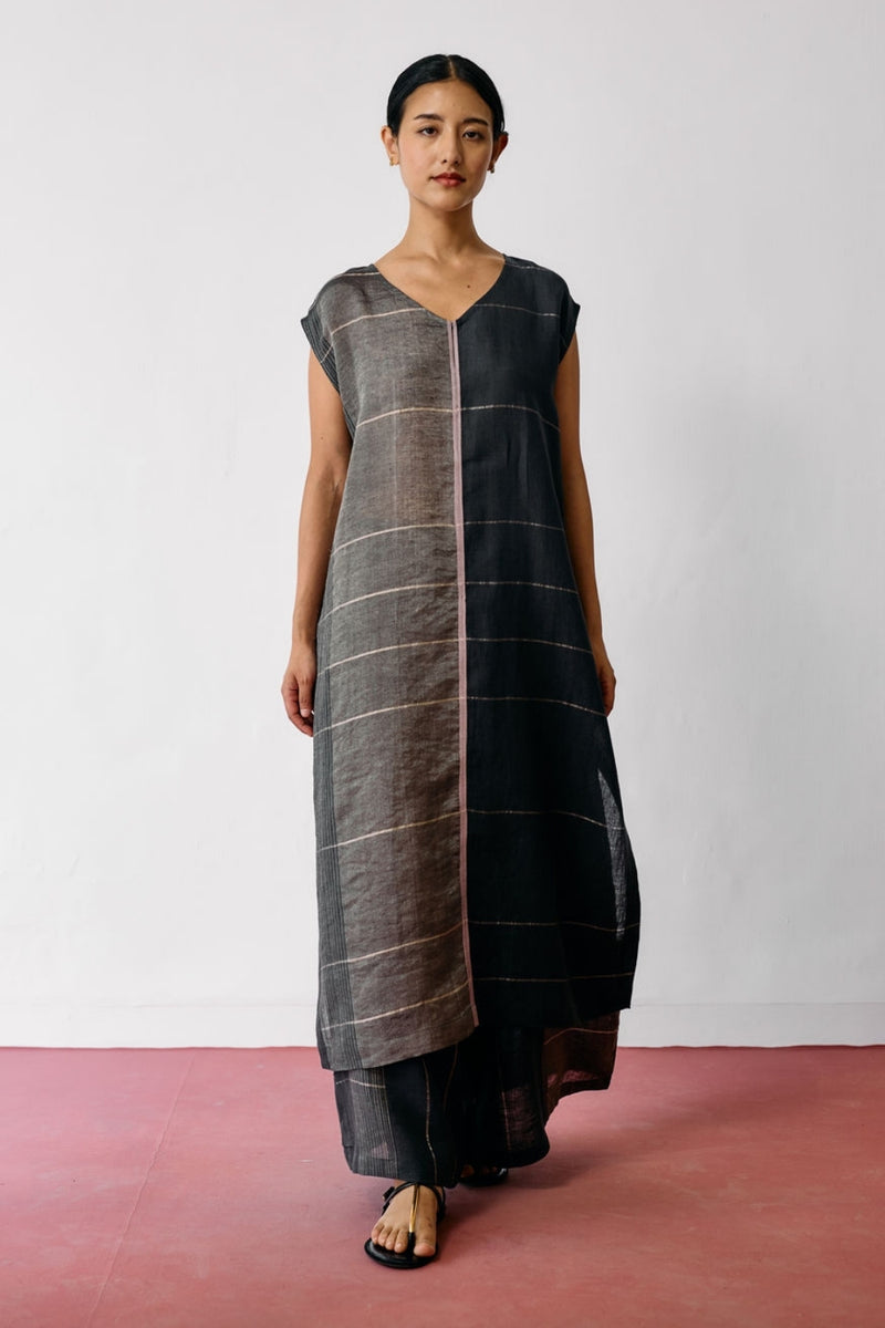 Rira Metallic Linen Long Tunic-Charcoal linen kurta/kurta set by Manan in black for women Worldwide
