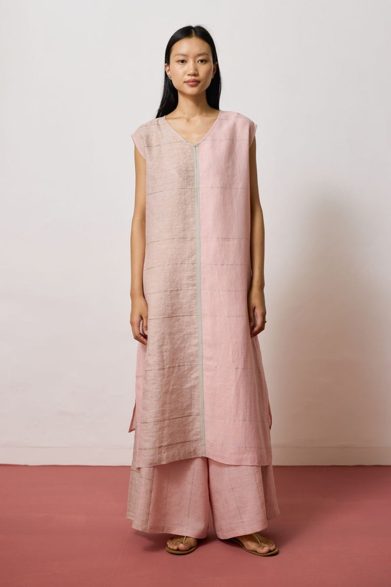 Rira Metallic Linen Long Tunic-Pink linen kurta/kurta set by Manan in pink for women Worldwide
