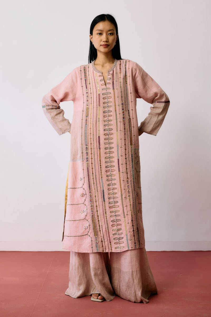 Aicha Hand-Embroidered Panelled Kurta-Pink linen kurta/kurta set by Manan in pink for women Worldwide