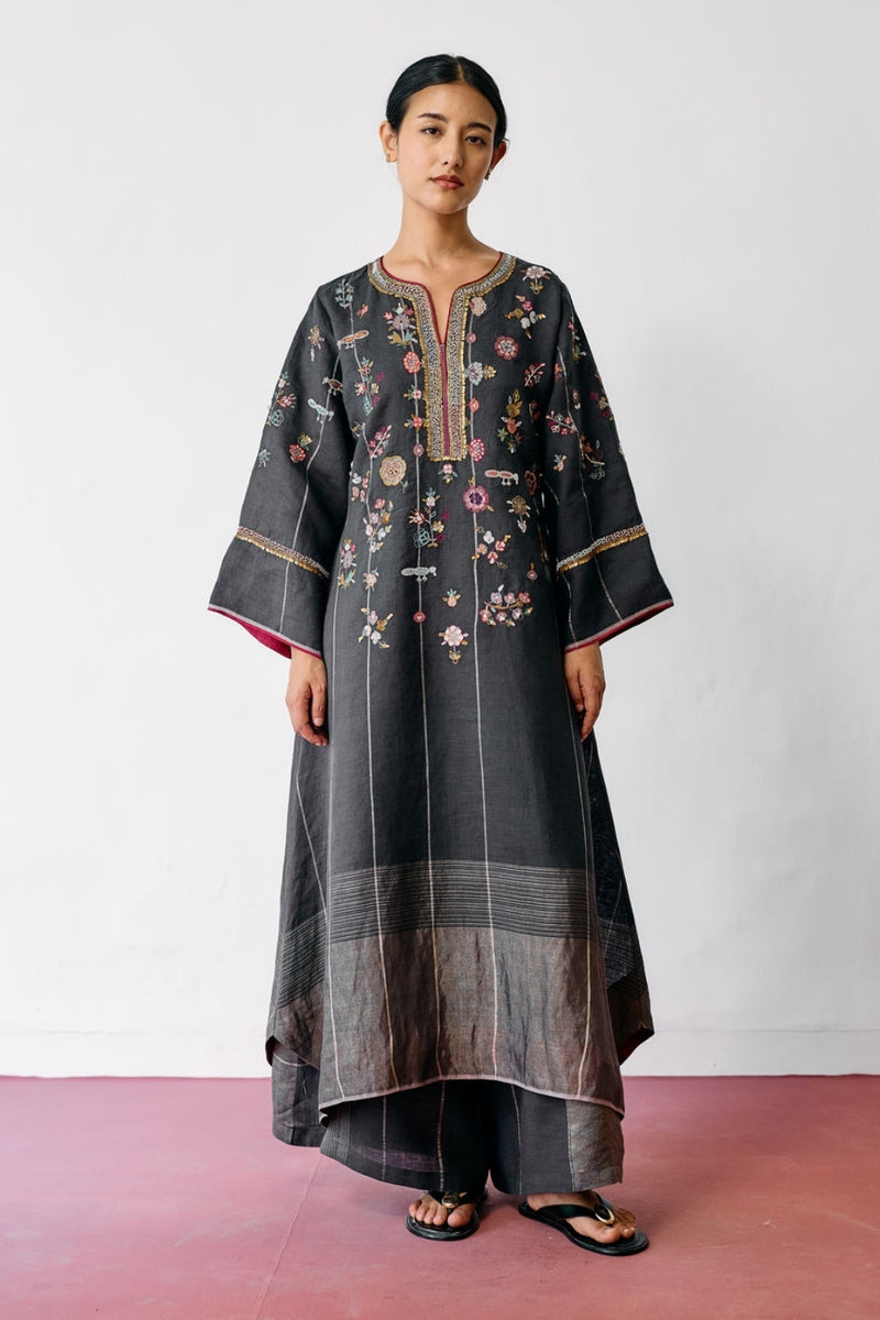 Ura Hand-Embroidered Metallic Linen Kurta-Charcoal linen kurta/kurta set by Manan in black for women Worldwide