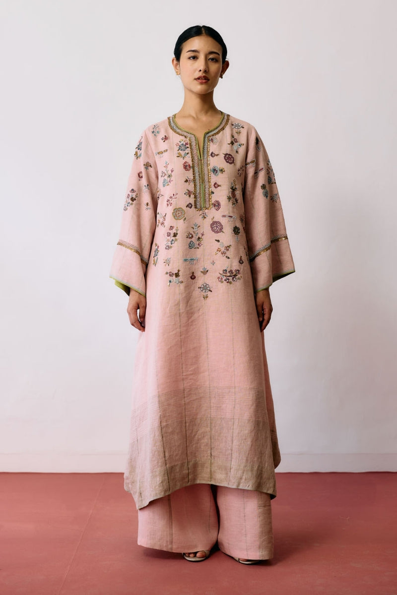 Ura Hand-Embroidered Metallic Linen Kurta-Pink linen kurta/kurta set by Manan in pink for women Worldwide