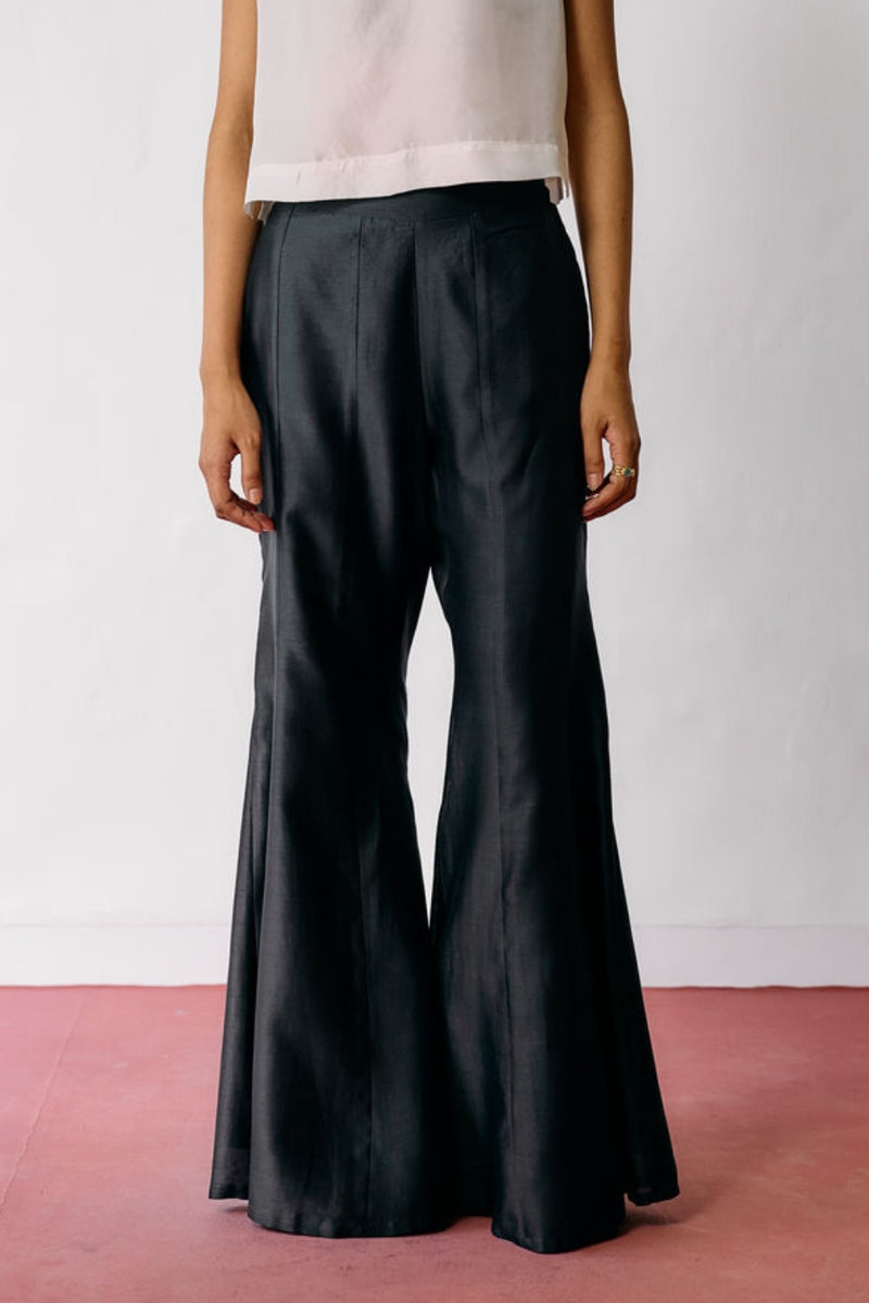 Reva Silk Chanderi Sharara Pants-Charcoal silk chanderi pant/trousers by Manan in black for women Worldwide