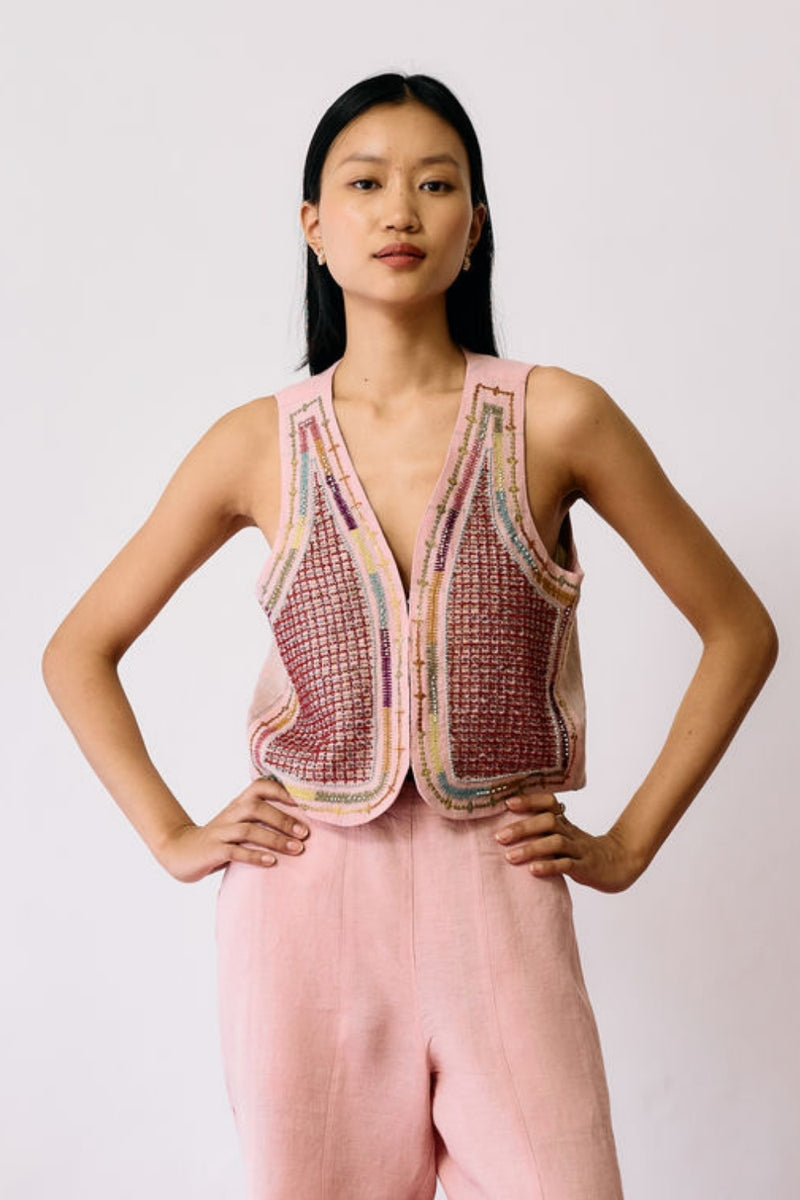 Kaya Hand-Embroidered Vest-Pink linen jacket/overlay by Manan in pink for women Worldwide
