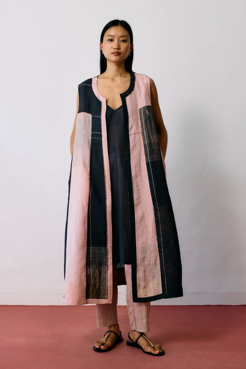 Shal Patchwork Linen Sleeveless Jacket linen jacket/overlay by Manan in pink, black for women Worldwide