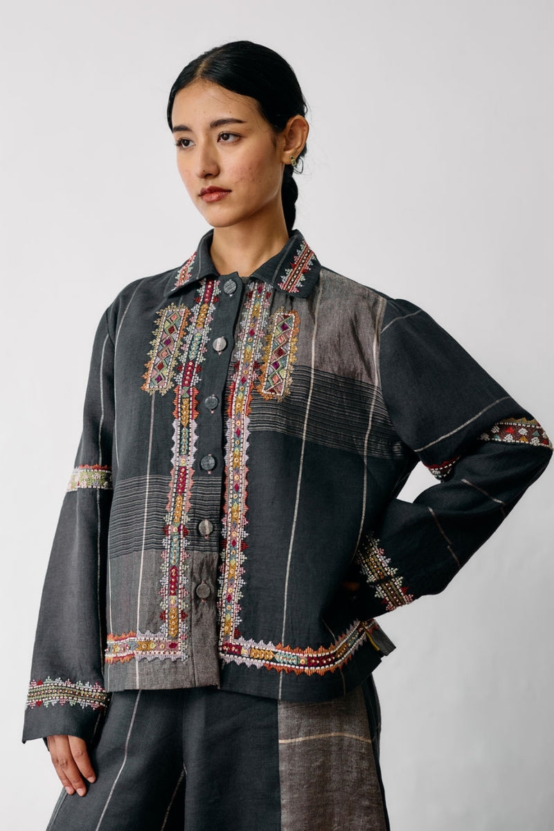 Zuri Hand-Embroidered Metallic Jacket-Charcoal linen jacket/overlay by Manan in black for women Worldwide
