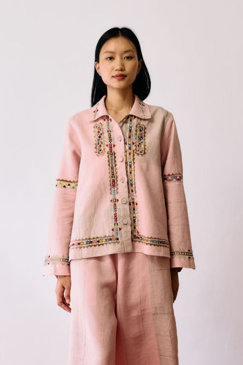 Zuri Hand-Embroidered Metallic Jacket-Pink linen jacket/overlay by Manan in pink for women Worldwide