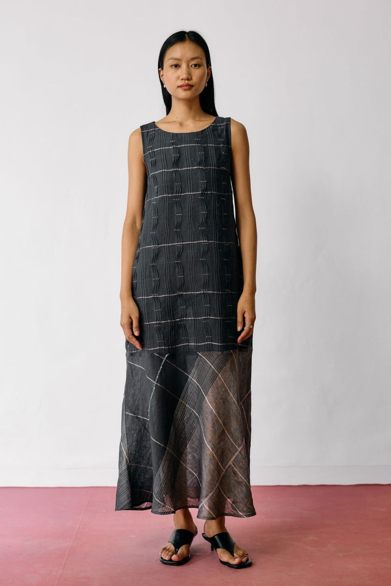 Dana Pintuck & Pleat Sleeveless Dress-Charcoal linen dress by Manan in black for women Worldwide