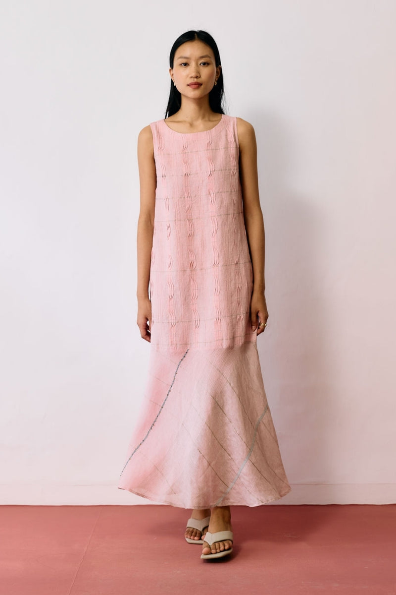 Dana Pintuck & Pleat Sleeveless Dress-Pink linen dress by Manan in pink for women Worldwide