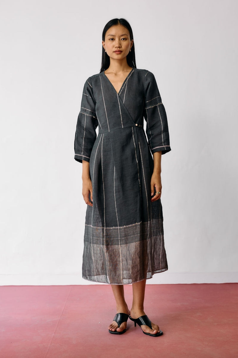 Raya Metallic Linen Wrap dress-Charcoal linen dress by Manan in black for women Worldwide