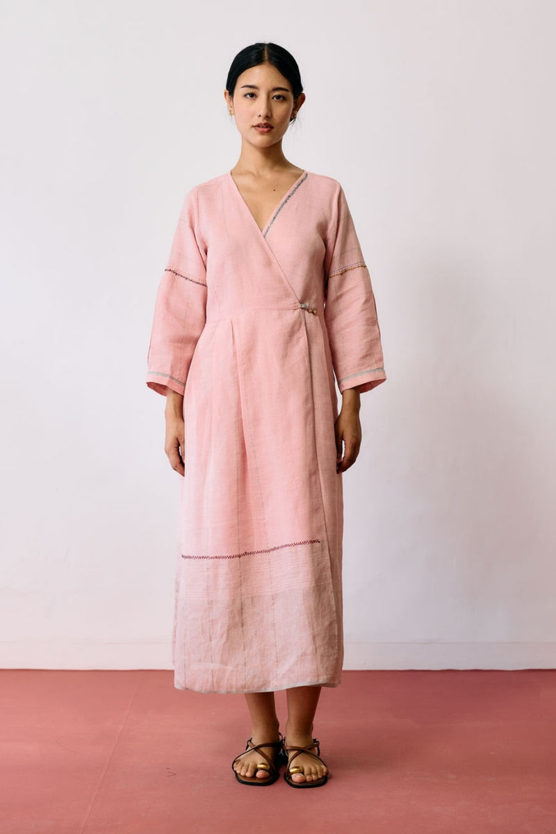 Raya Metallic Linen Wrap dress-Pink linen dress by Manan in pink for women Worldwide