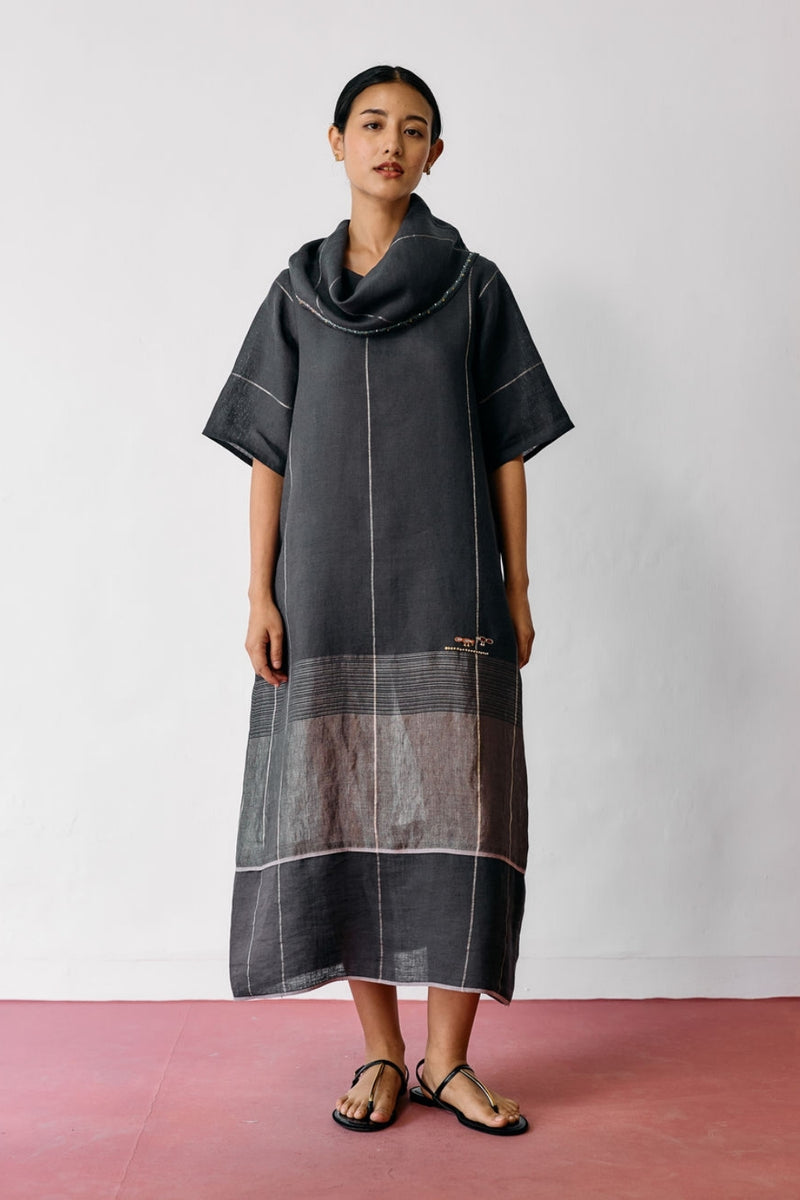 Zaran Cowl Neck Metallic Dress-Charcoal linen dress by Manan in black for women Worldwide