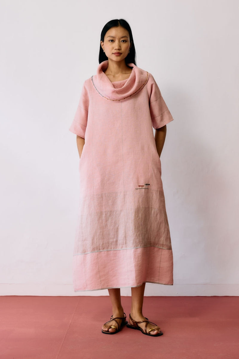 Zaran Cowl Neck Metallic Dress-Pink linen dress by Manan in pink for women Worldwide