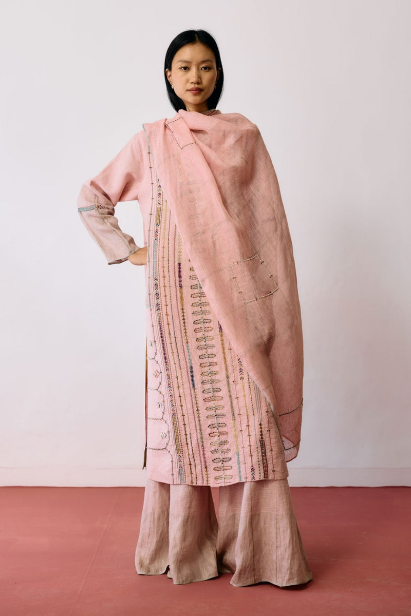 Mora Hand-Embroidered Metallic Linen Dupatta-Pink linen dupatta by Manan in pink for women Worldwide