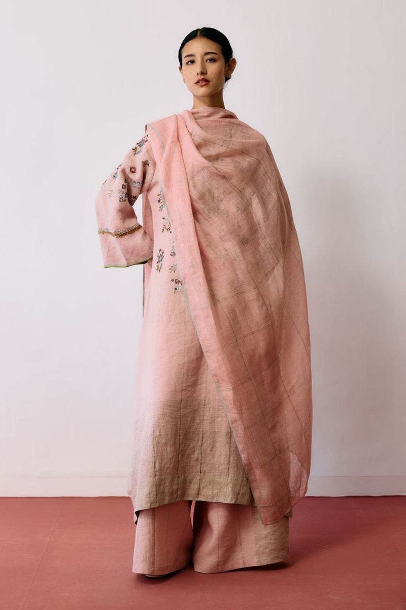 Sava Linen Metallic-Check Dupatta-Pink linen dupatta by Manan in pink for women Worldwide