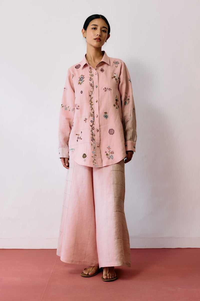 Mansa Floral Hand-Embroidered Co-ord-Pink linen co-ord set by Manan in pink for women Worldwide