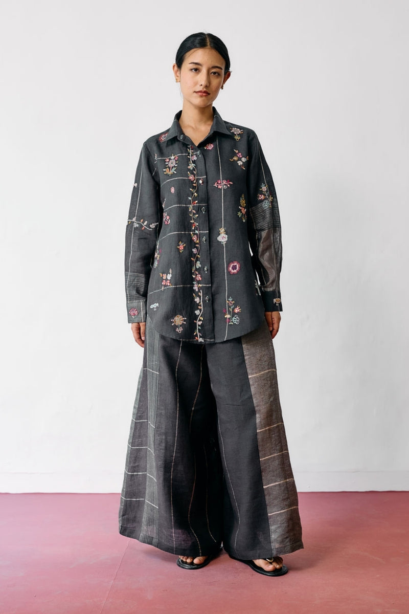 Mansa Floral Hand-Embroidered Co-ord-Charcoal linen co-ord set by Manan in black for women Worldwide