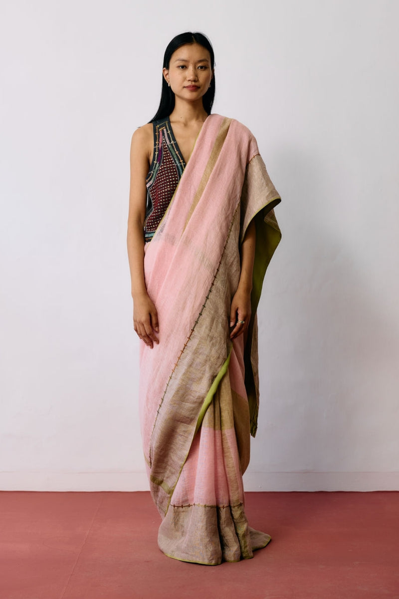 Afra Metallic Handloom Linen Saree-Metallic Pink linen saree by Manan in pink for women Worldwide
