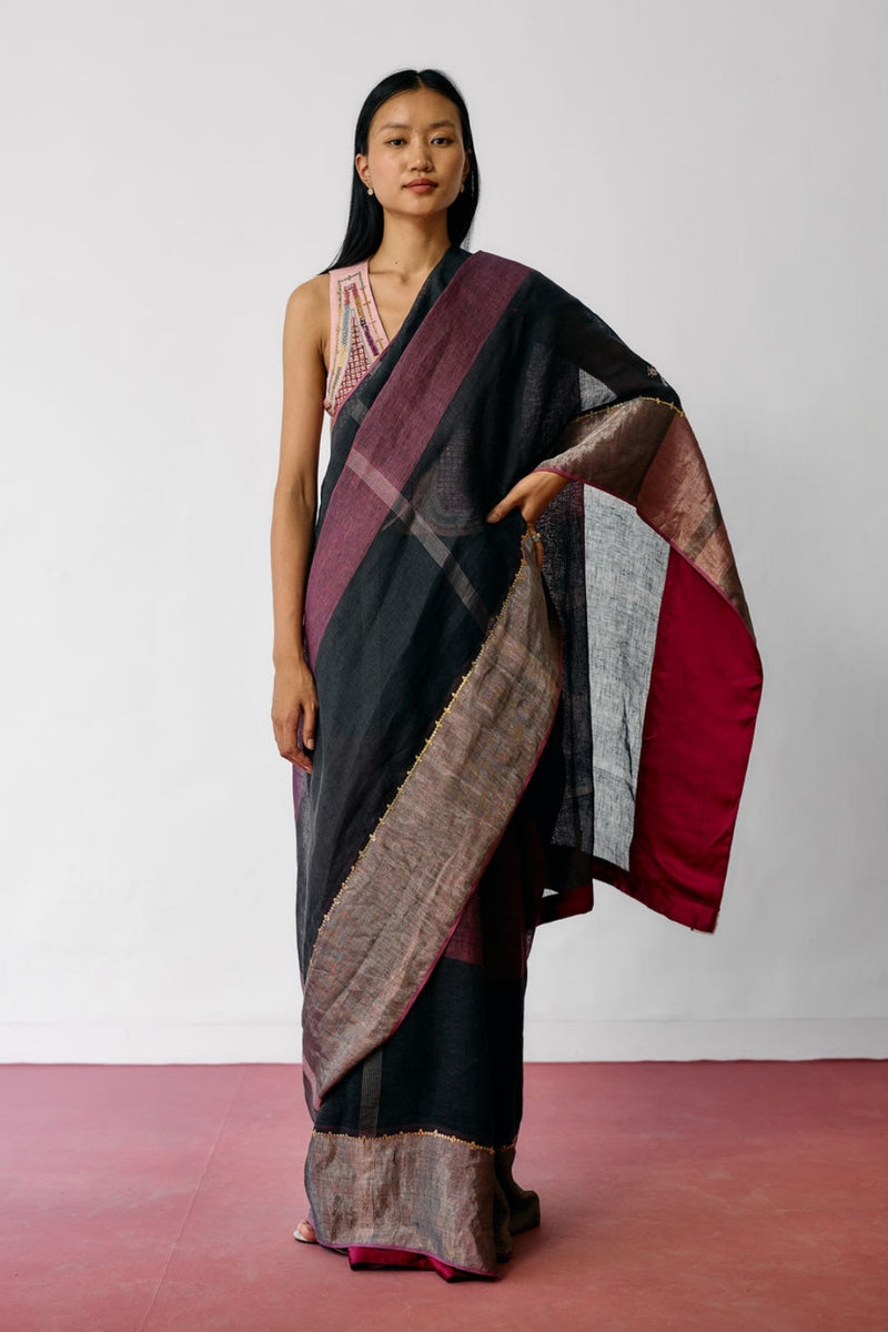Afra Metallic Handloom Linen Saree-Metallic Charcoal linen saree by Manan in black for women Worldwide
