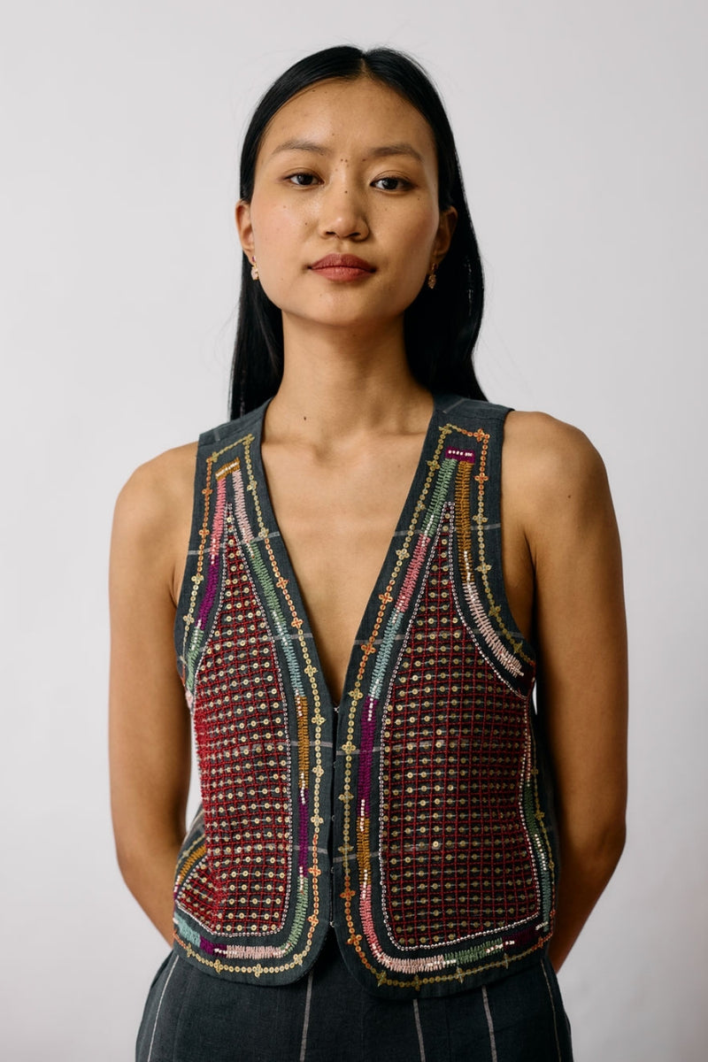 Kaya Hand-Embroidered Vest-Charcoal linen jacket/overlay by Manan in black for women Worldwide