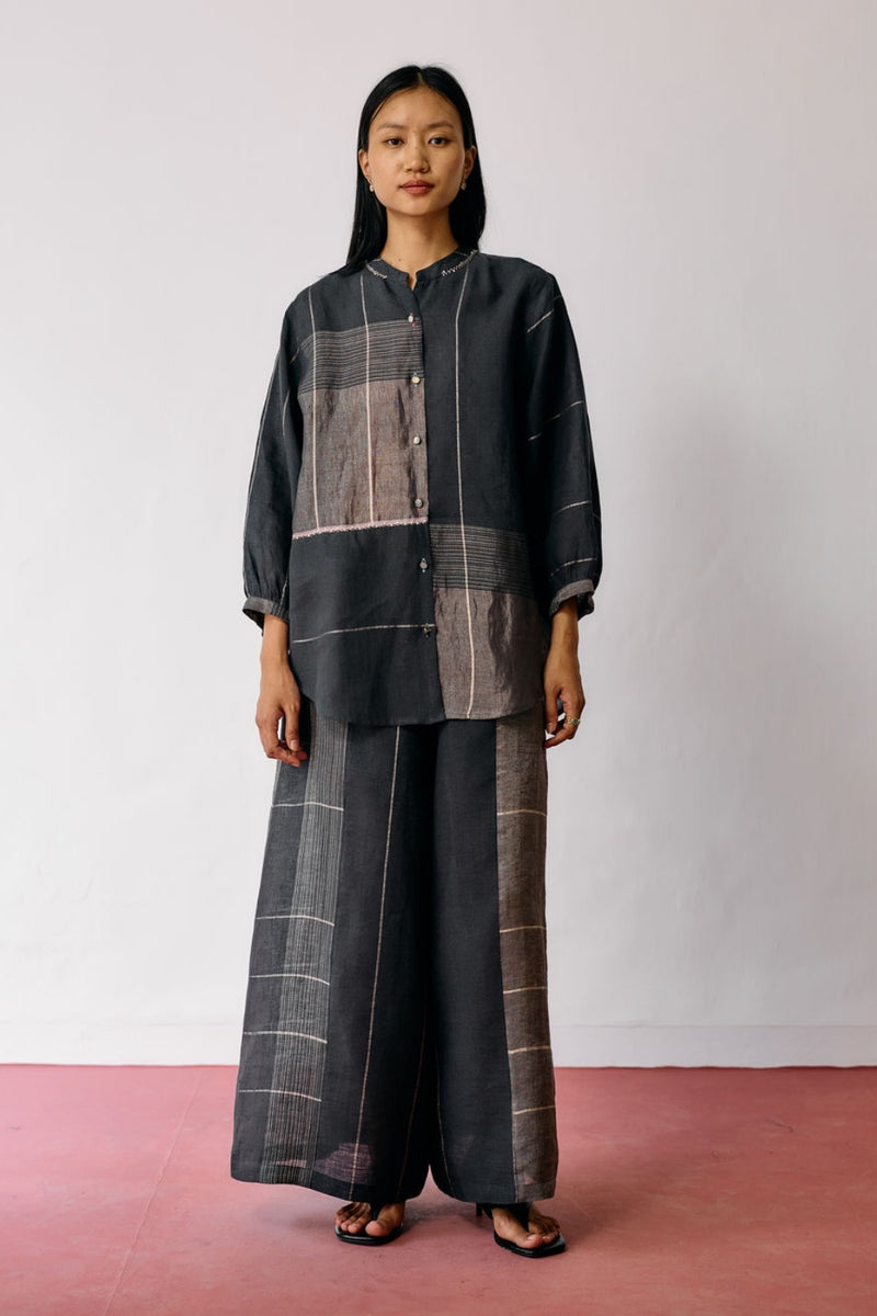 Rin Metallic Linen Co-ord-Charcoal linen co-ord set by Manan in black for women Worldwide