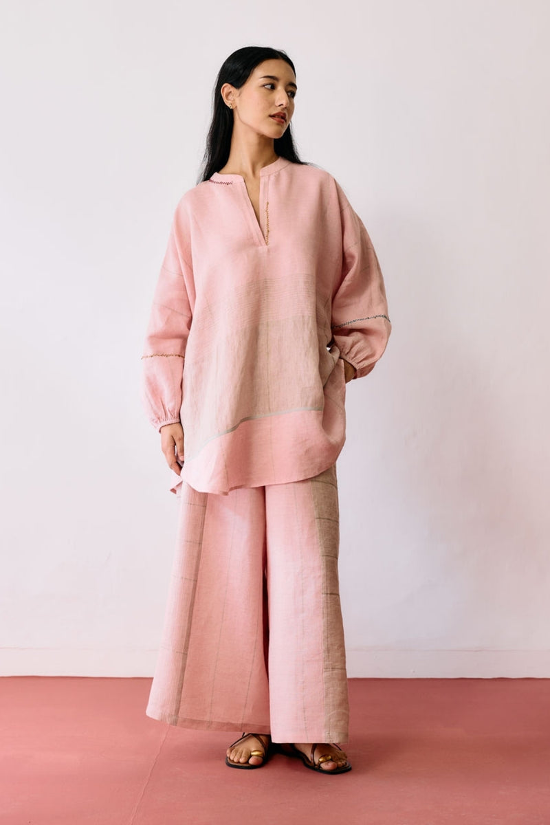 Raza Metallic Linen Co-ord-Pink linen co-ord set by Manan in pink for women Worldwide