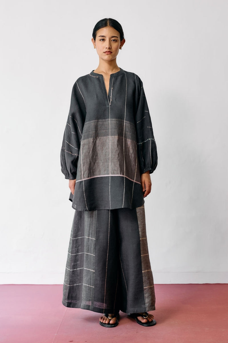 Raza Metallic Linen Co-ord-Charcoal linen co-ord set by Manan in black for women Worldwide