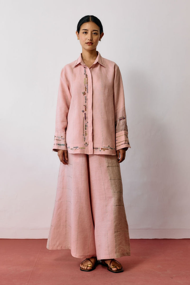 Hanat Hand-Embroidered Bird Co-ord-Pink linen co-ord set by Manan in pink for women Worldwide