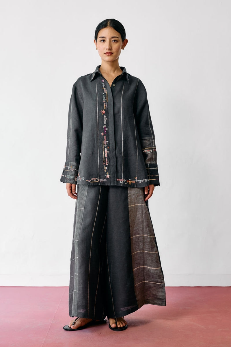 Hanat Hand-Embroidered Bird Co-ord-Charcoal linen co-ord set by Manan in black for women Worldwide