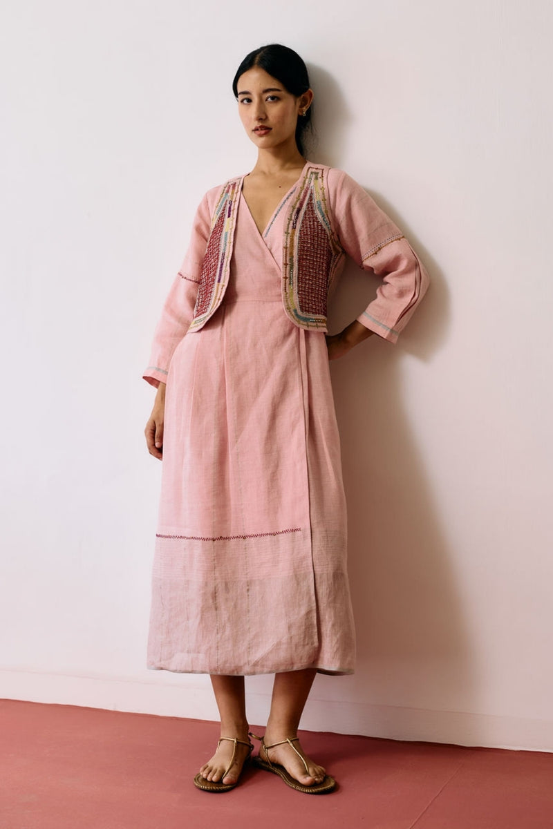 Raya Metallic Linen Wrap Dress with Jacket-Pink linen co-ord set by Manan in pink for women Worldwide