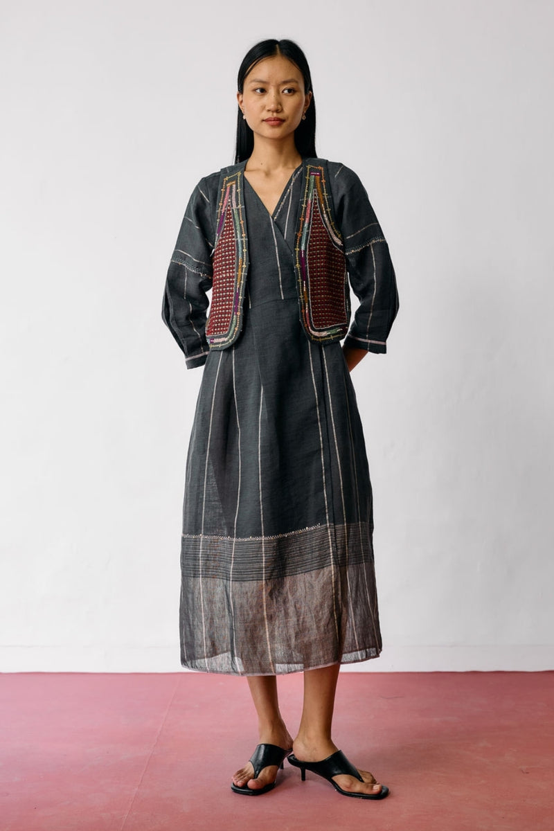Raya Metallic Linen Wrap Dress with Jacket-Charcoal linen co-ord set by Manan in black for women Worldwide