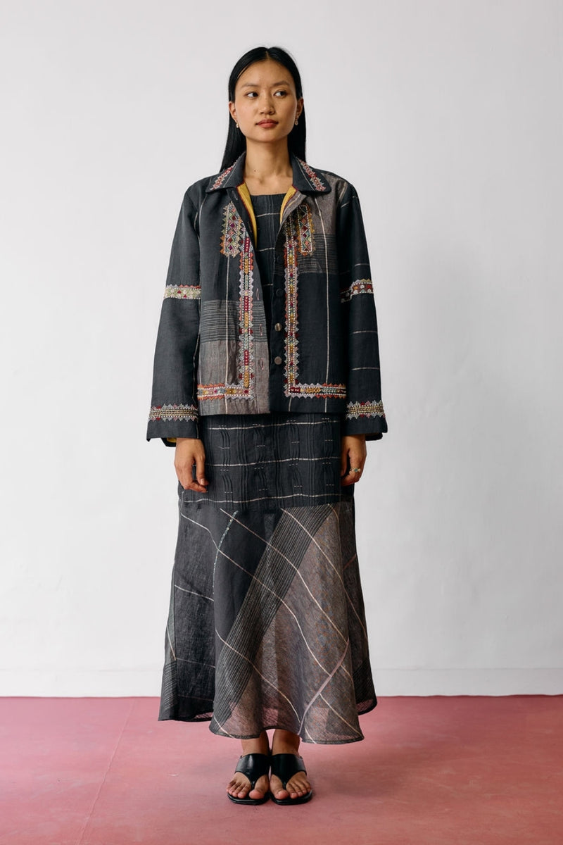 Dana Pintuck & Pleat Sleeveless Co-ord-Charcoal linen co-ord set by Manan in black for women Worldwide