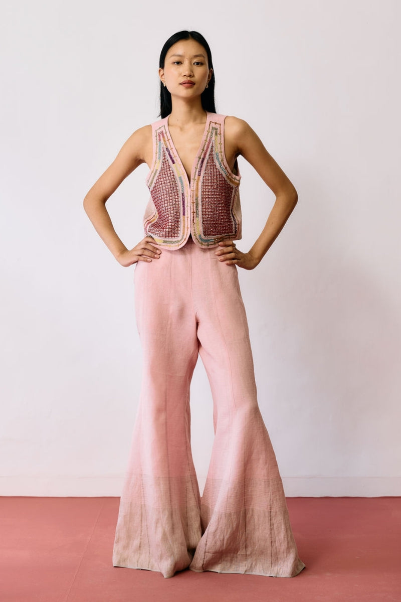Kaya Hand-Embroidered Co-ord-Pink linen co-ord set by Manan in pink for women Worldwide