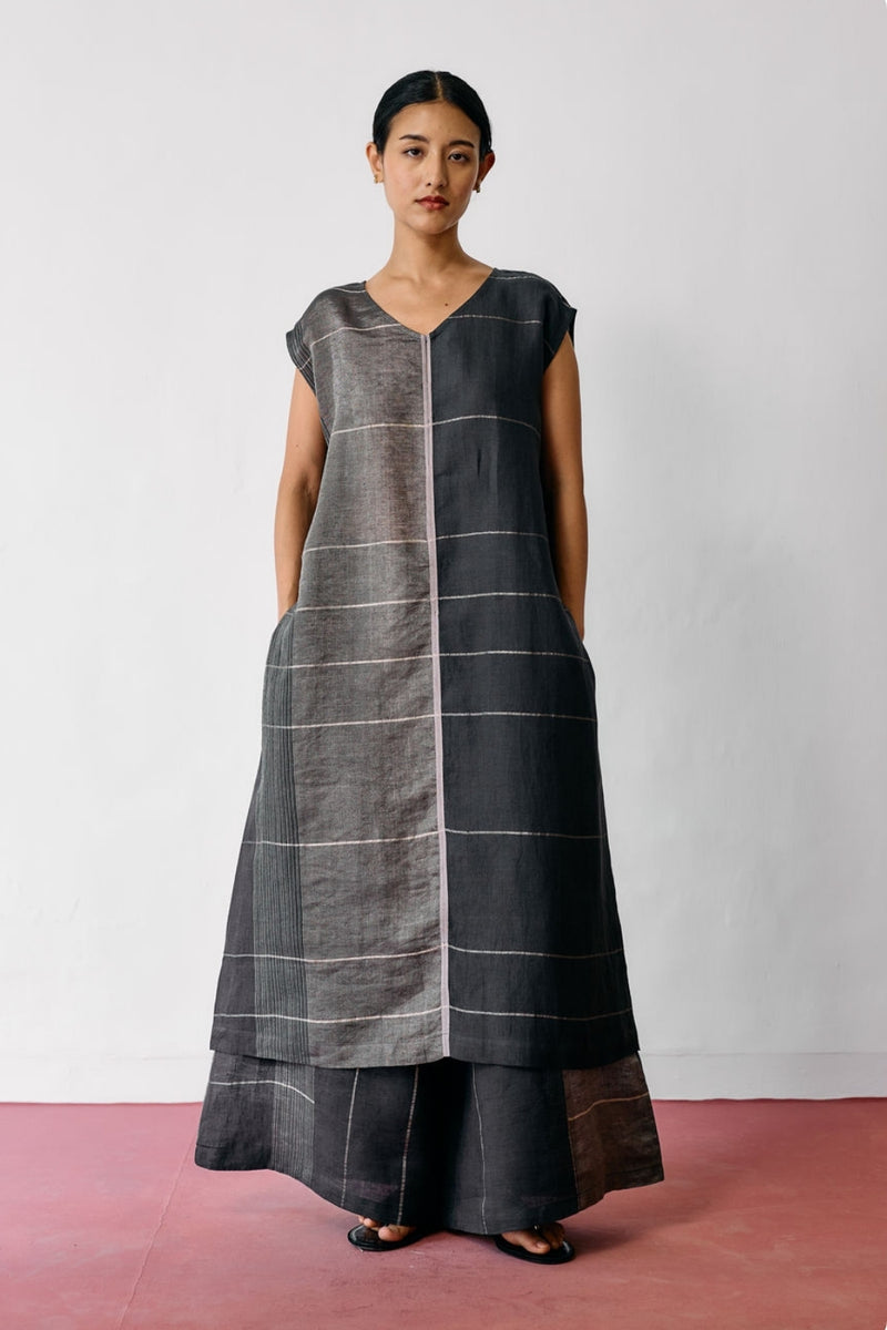 Rira Metallic Linen Long Co-ord-Charcoal linen co-ord set by Manan in black for women Worldwide