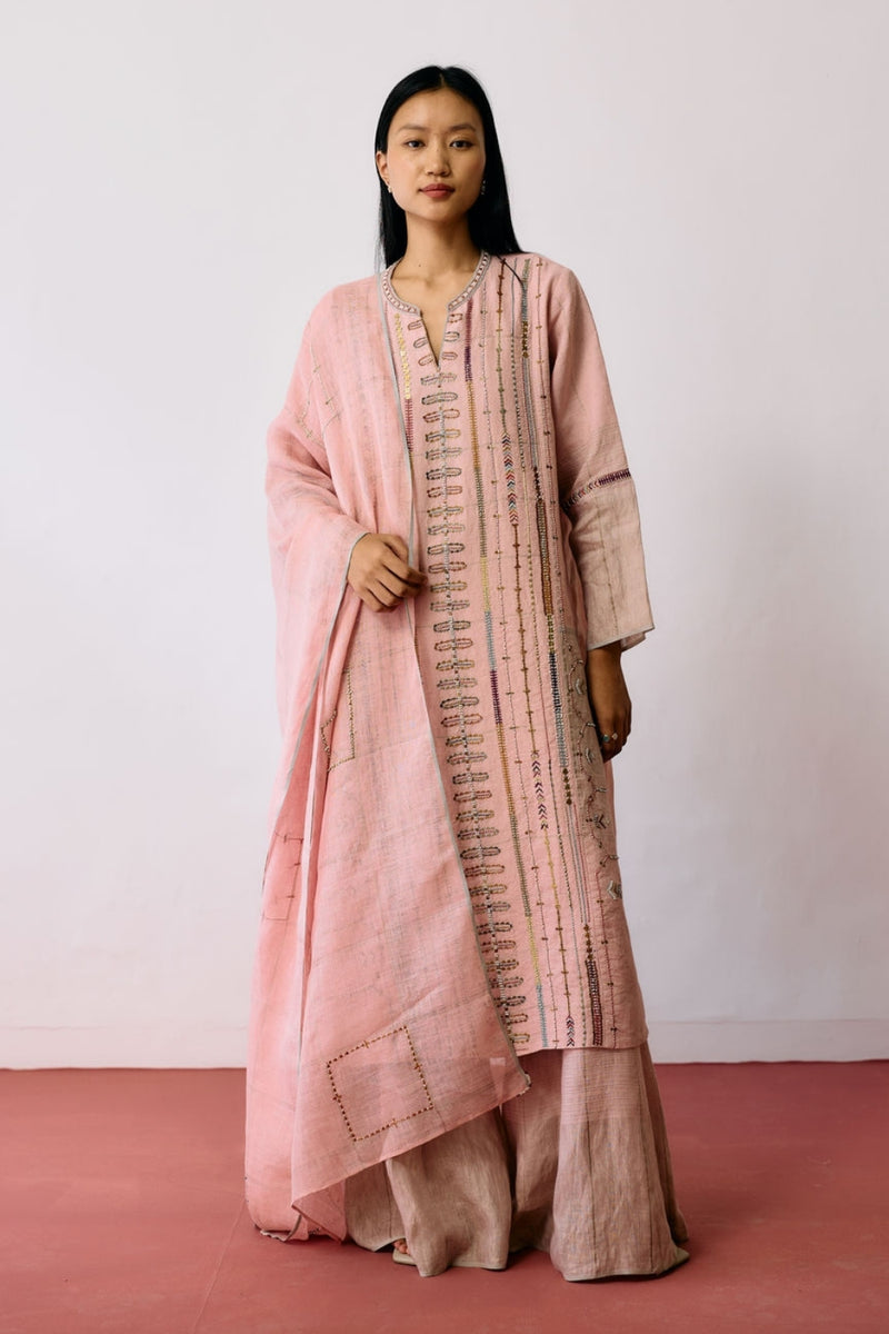 Aicha Hand-Embroidered Panelled Kurta Set-Pink linen kurta/kurta set by Manan in pink for women Worldwide