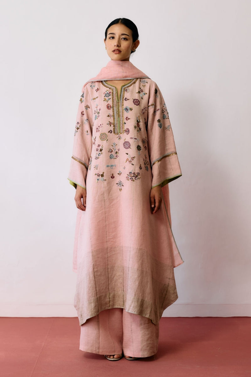 Ura Hand-Embroidered Metallic Linen Kurta Set-Pink linen kurta/kurta set by Manan in pink for women Worldwide