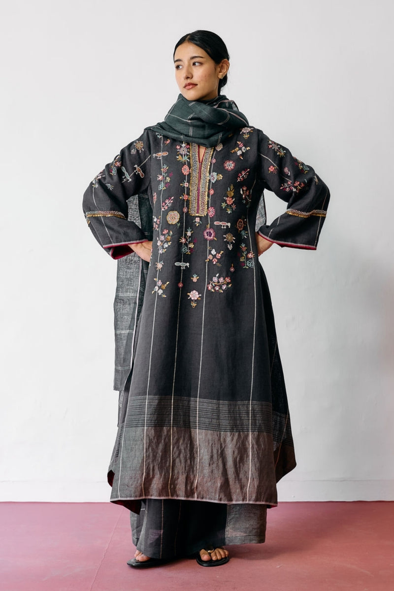 Ura Hand-Embroidered Metallic Linen Kurta Set-Charcoal linen kurta/kurta set by Manan in black for women Worldwide
