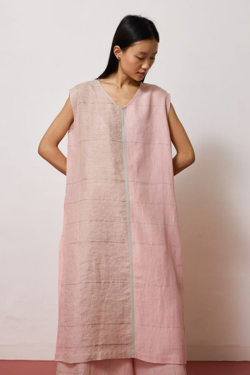 Rira Metallic Linen Long Tunic-Pink linen kurta/kurta set by Manan in pink for women Worldwide
