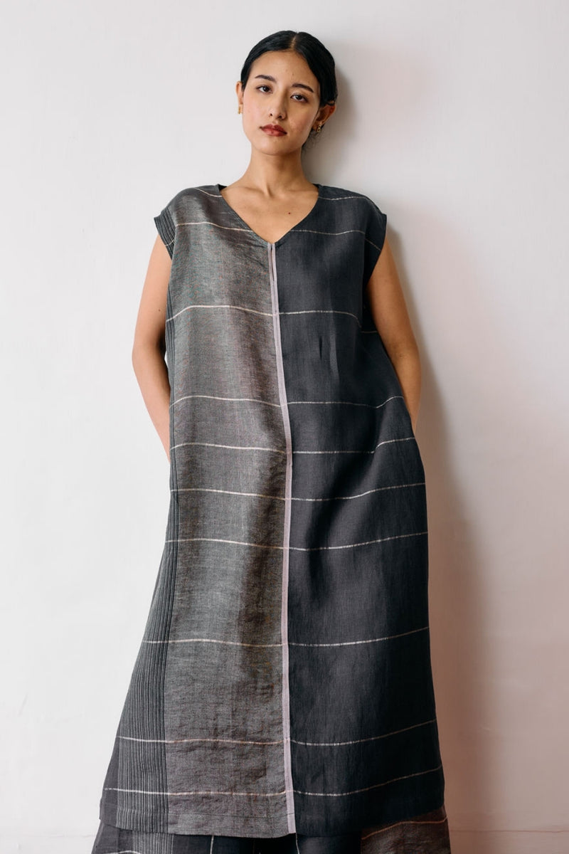 Rira Metallic Linen Long Tunic-Charcoal linen kurta/kurta set by Manan in black for women Worldwide