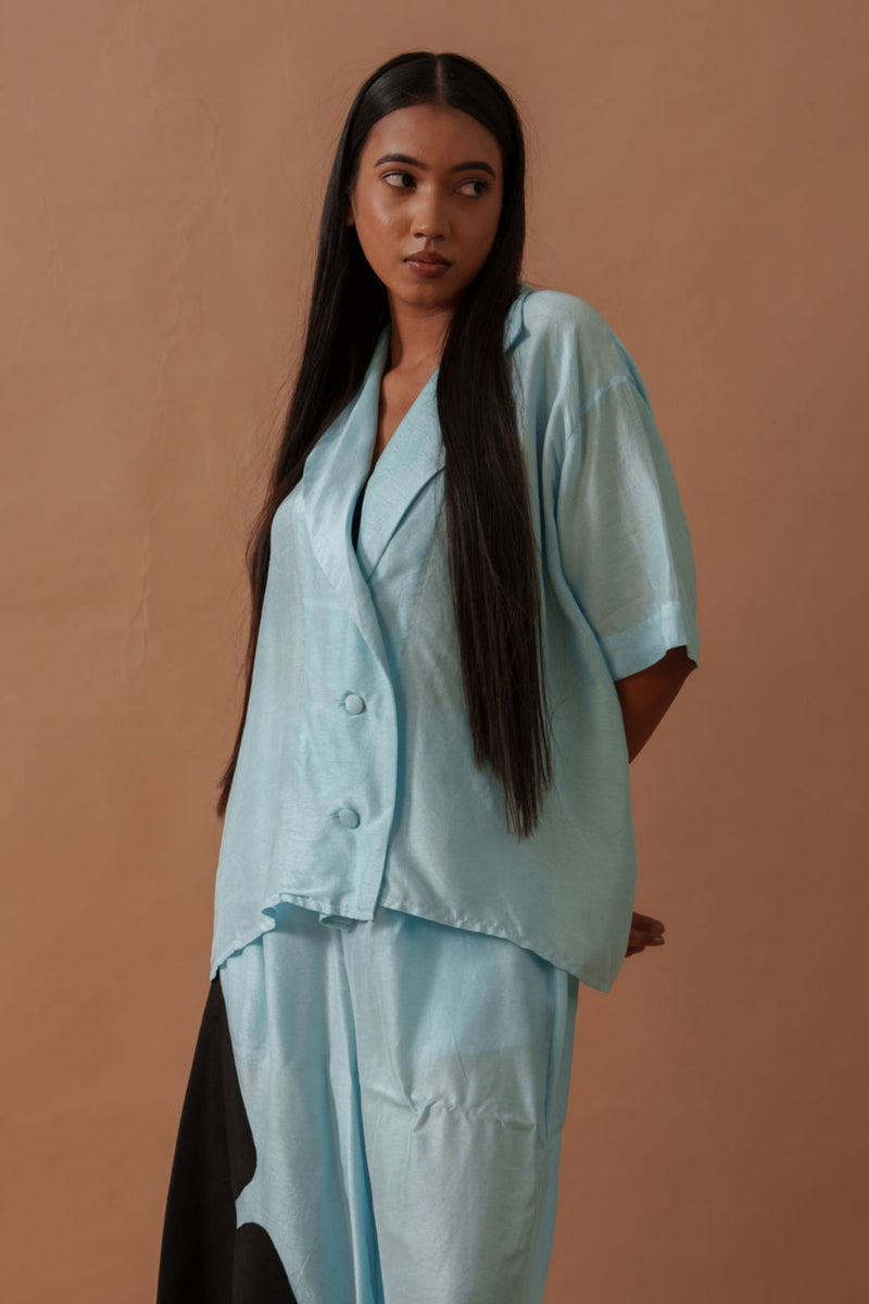 Gunpowder Flo Shirt Blue mysore silk top/shirt by Stoique in blue, black for women Worldwide
