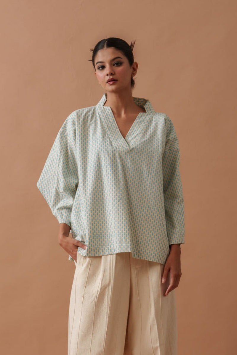 Heather Top handwoven cotton top/shirt by Stoique in natural, ice blue for women Worldwide
