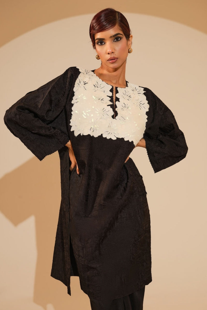Beam Tunic-Black + Natural crushed silk tunics/kaftan by Stoique in black, natural for women Worldwide
